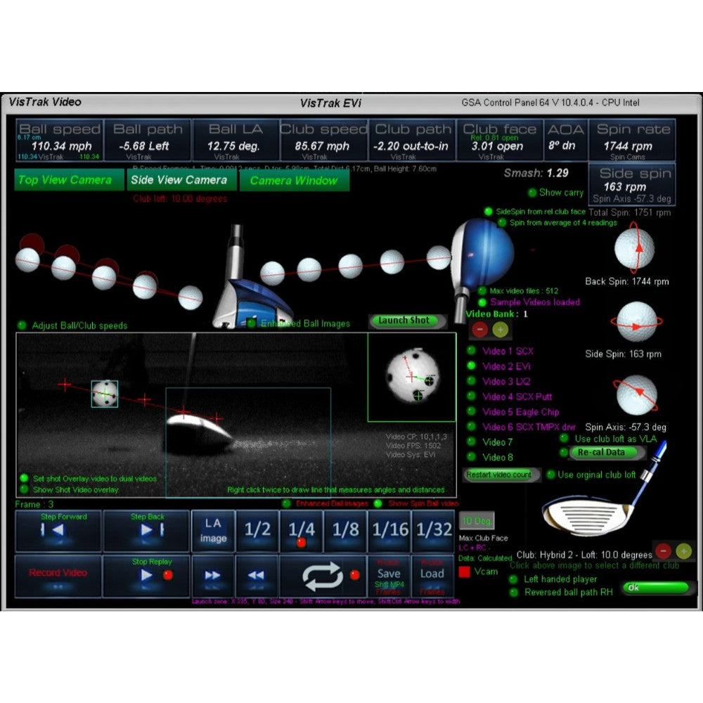 Golf analytics software interface with various data metrics and camera views.