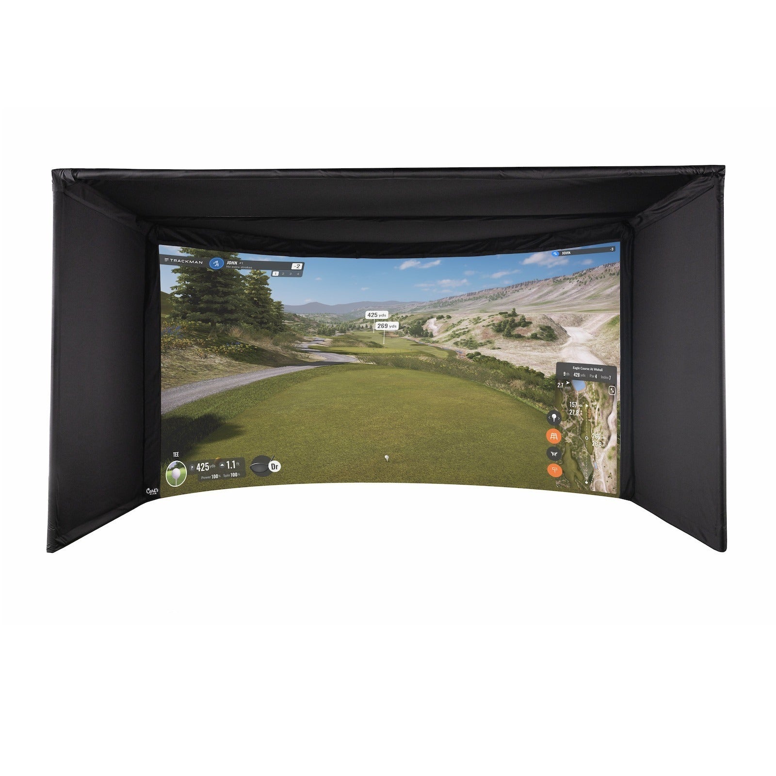 Carl's Place Curved Golf Enclosure Kit with Premium Impact Screen - front view of the curved screen and black side panels