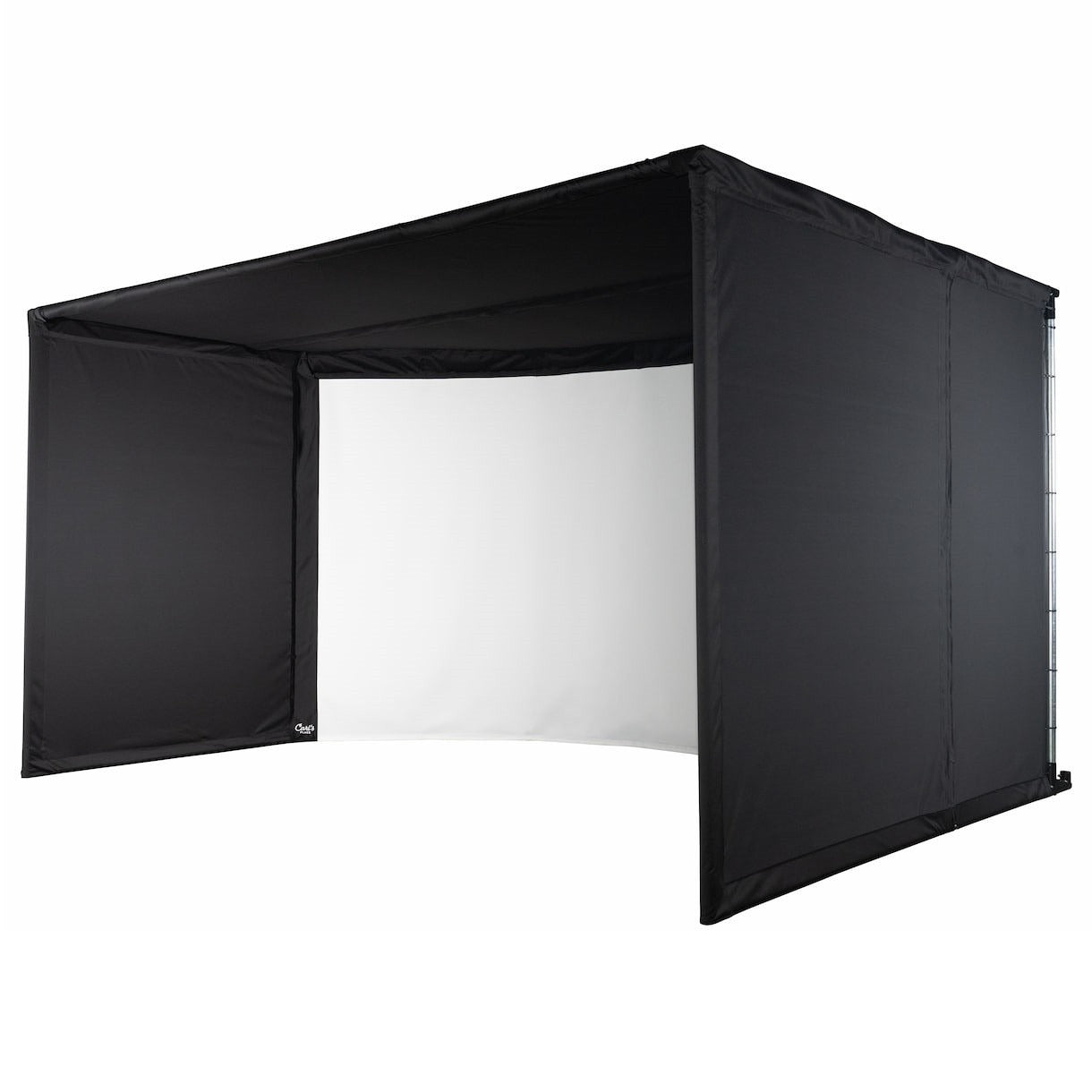 Carl's Place Curved Golf Enclosure Kit with High-Contrast Gray Impact Screen - angled view of the enclosure with a blank white screen