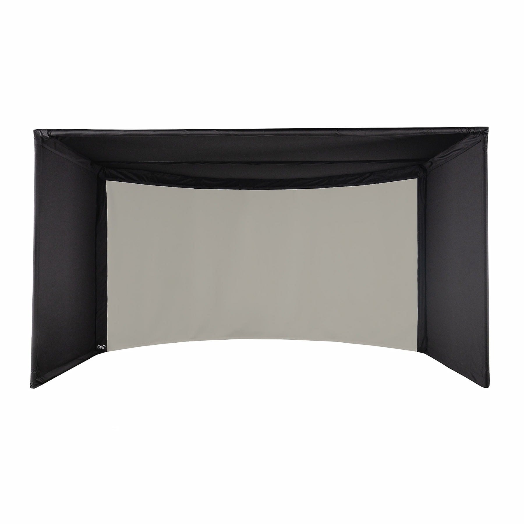 Carl's Place Curved Golf Enclosure Kit with Premium Impact Screen - front view with the gray screen and black side walls