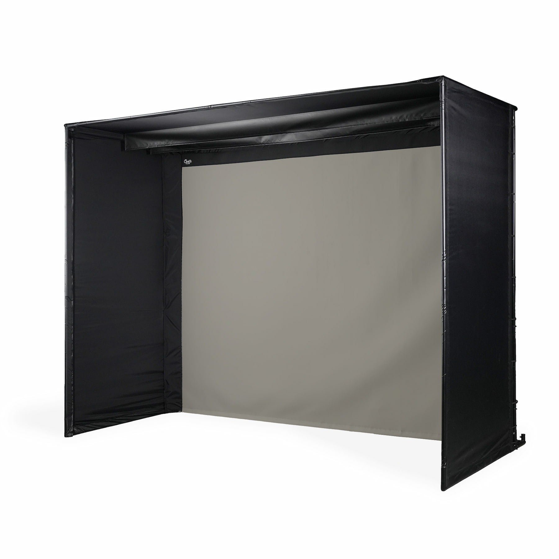 Carl's Place DIY Golf Simulator Enclosure Kit - side angle view showing the enclosure depth and the screen edge