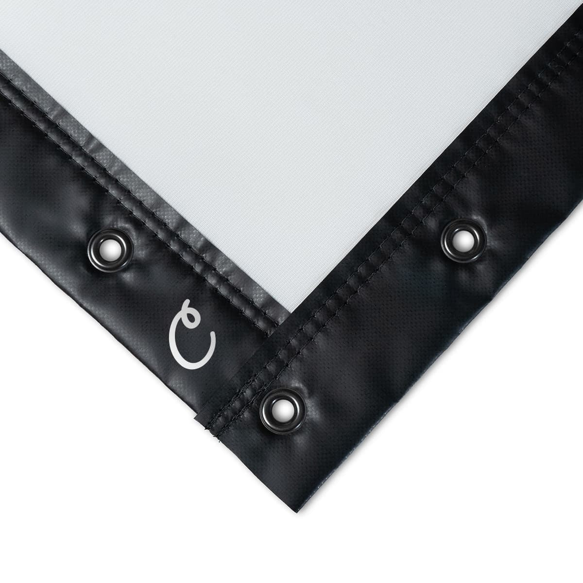 Carl's Place Premium Impact Screen - corner close-up of the black vinyl border with metal grommets and stitched edging