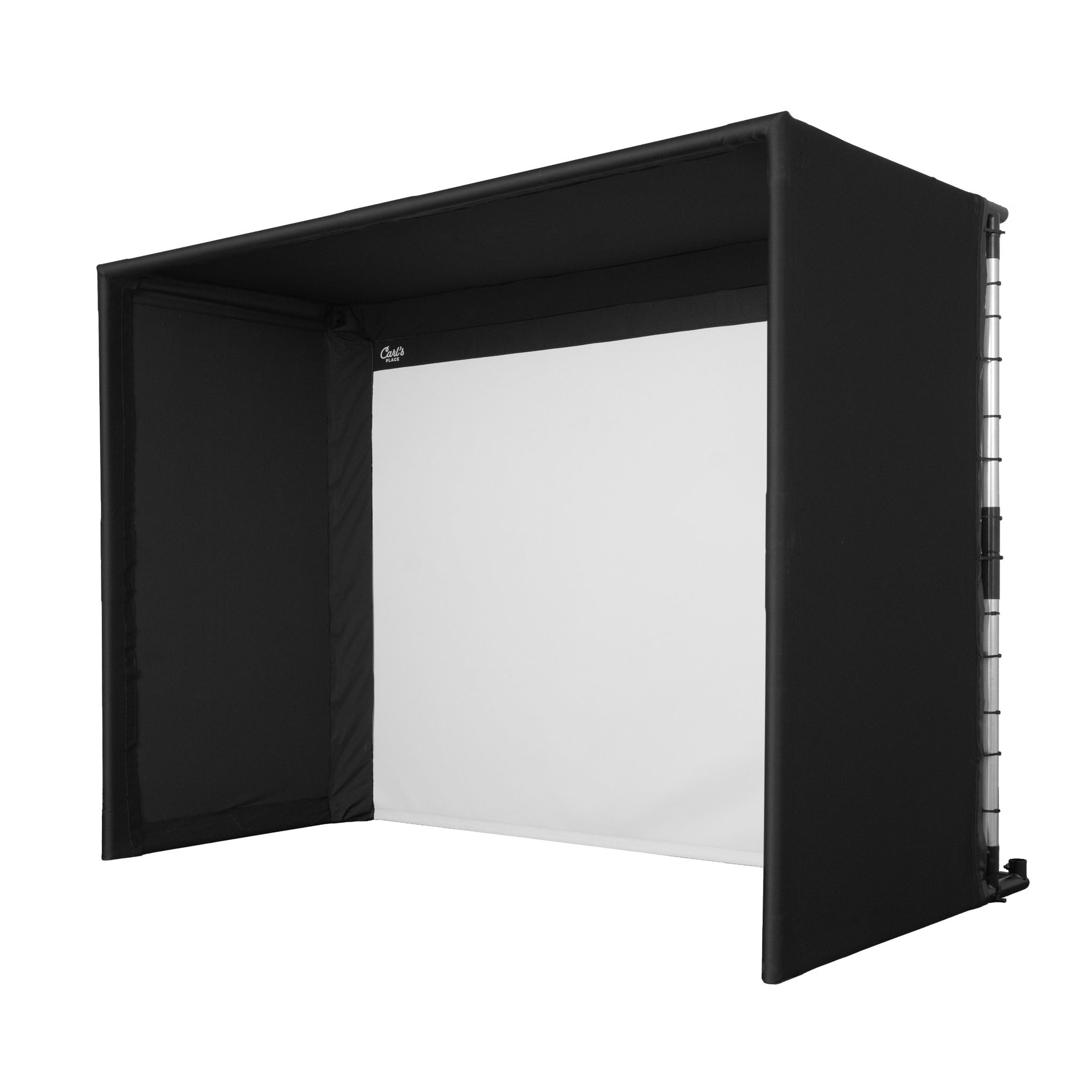Carl's Place Pro Golf Enclosure Kit - front view of the enclosure with a course on the screen