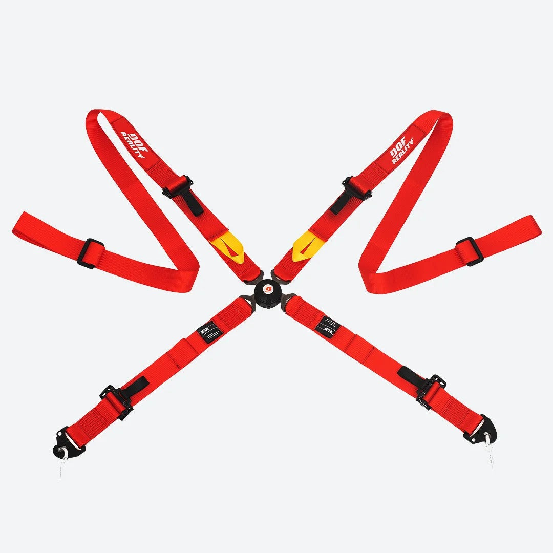 DOF Reality 4-Point Harness - red racing harness laid flat showing all four straps and central rotary buckle
