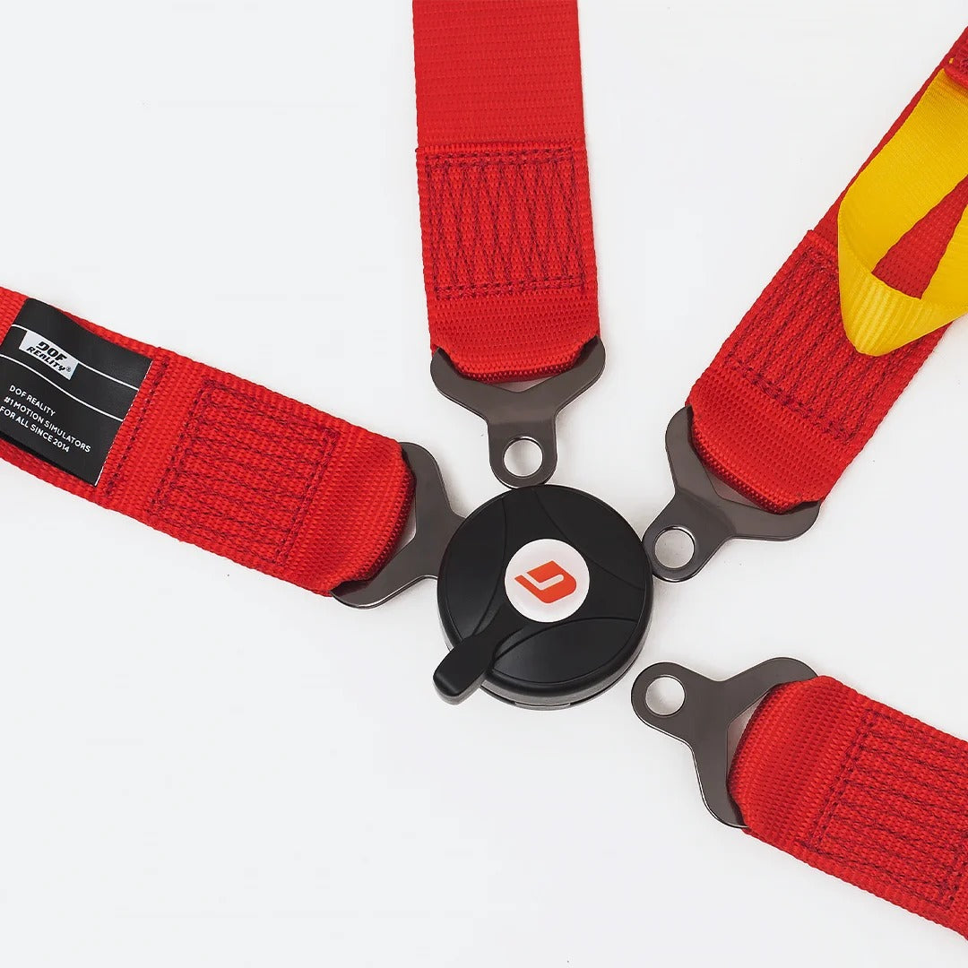 DOF Reality 4-Point Harness - close-up of rotary quick-release buckle in centre of harness assembly