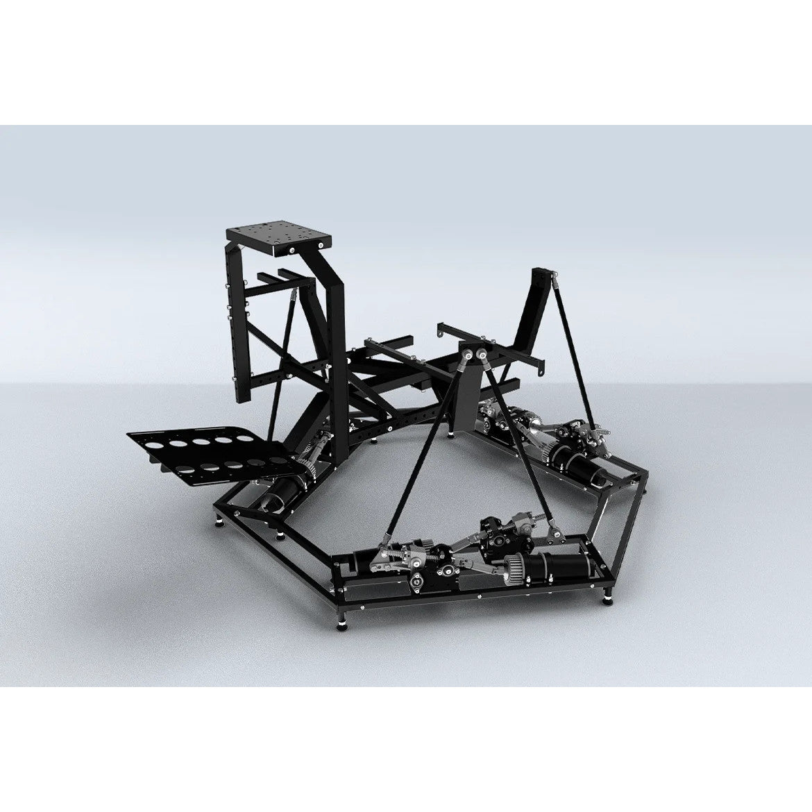 DOF Reality H6 sim motion platform black metal frame structure on a light gray background
