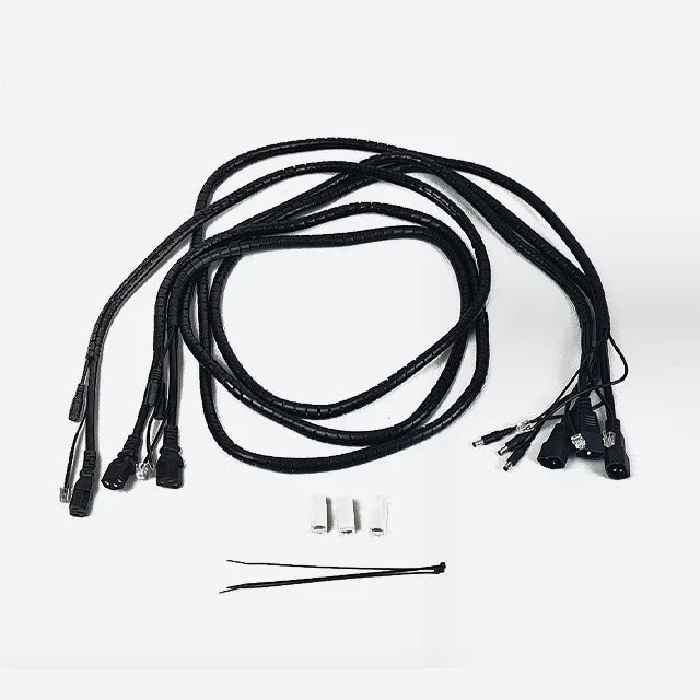 DOF Reality Cables Extension Set for 3 DOF - coiled black sleeved motor extension cables with multi-pin connectors and cable ties