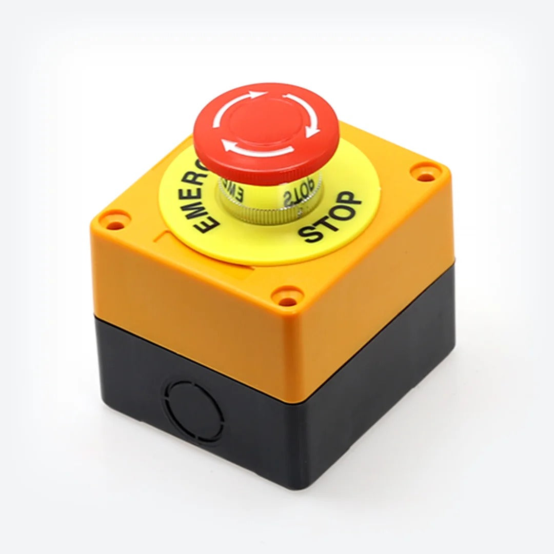 DOF Reality eBreak Stop Button - angled view of yellow enclosure with red emergency stop mushroom button on top