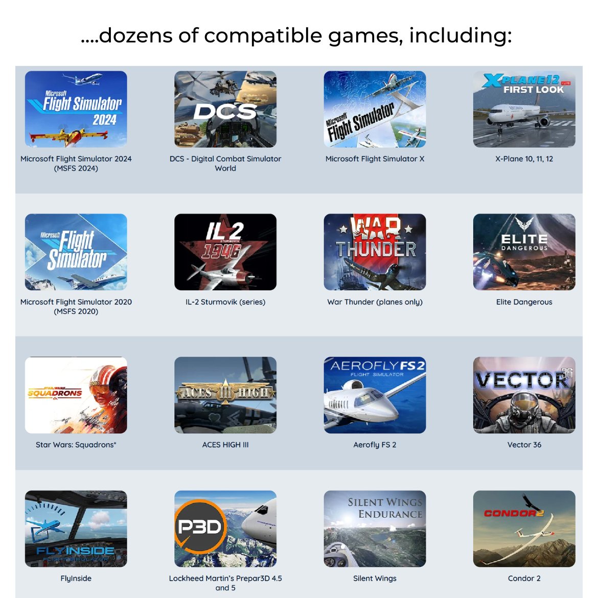 Logos of compatible games for a DOF Reality flight simulator motion platform on a gray background.