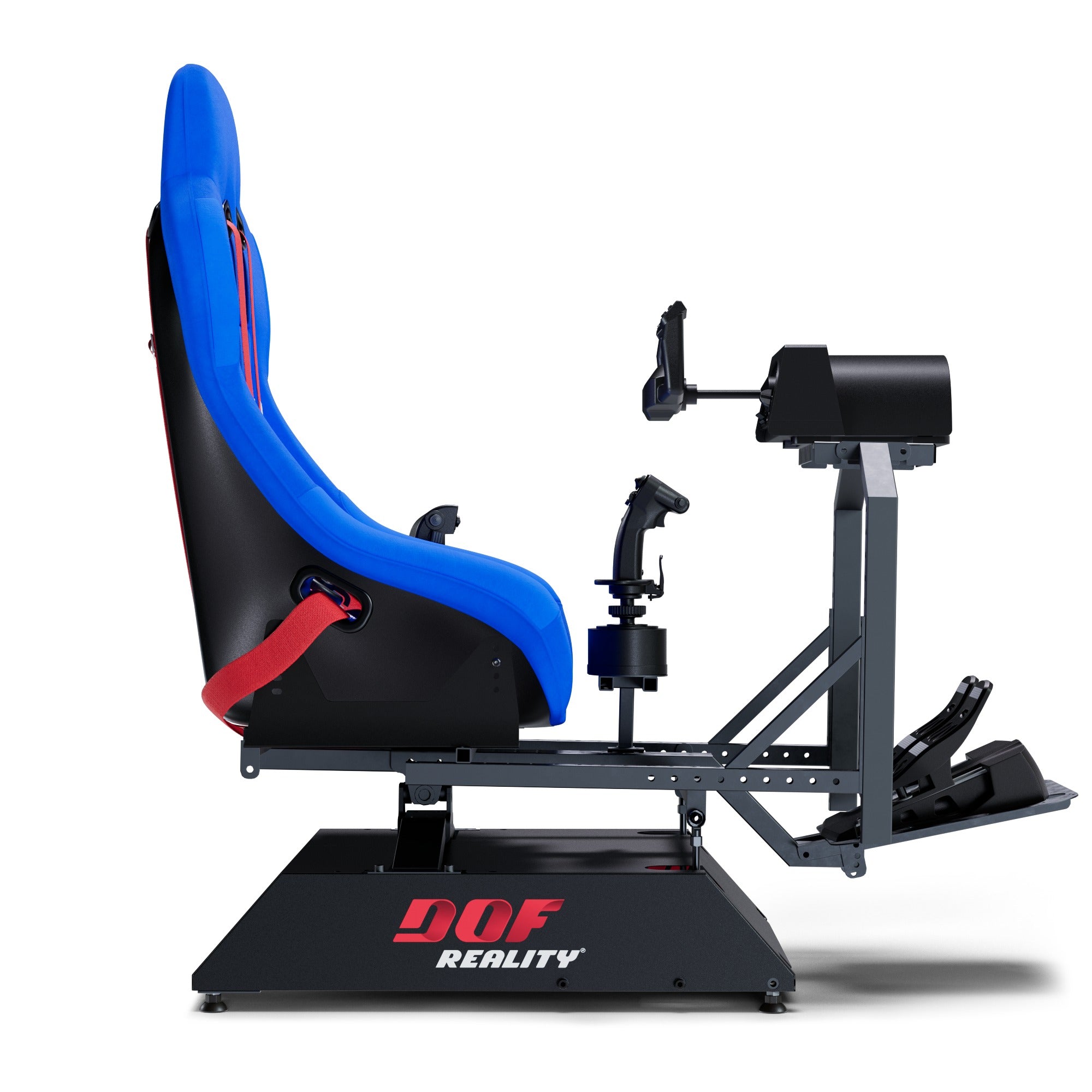 DOF Reality 2-Axis Hero (H2) - side view of flight sim cockpit on H2 platform with yoke, throttle, and rudder pedals
