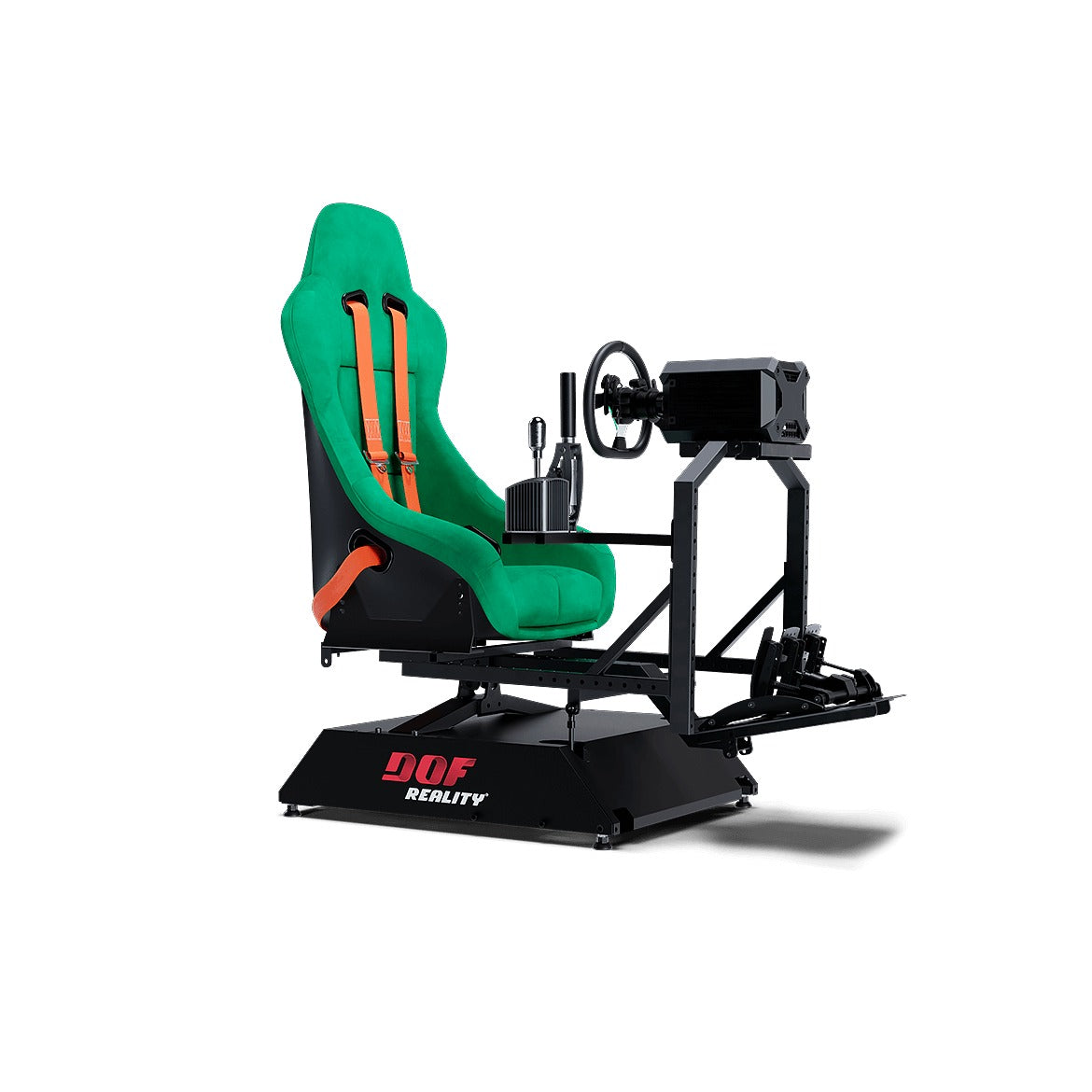 DOF Reality 2-Axis Hero (H2) - front-angled view of racing cockpit on H2 platform with wheel, pedals, and seat