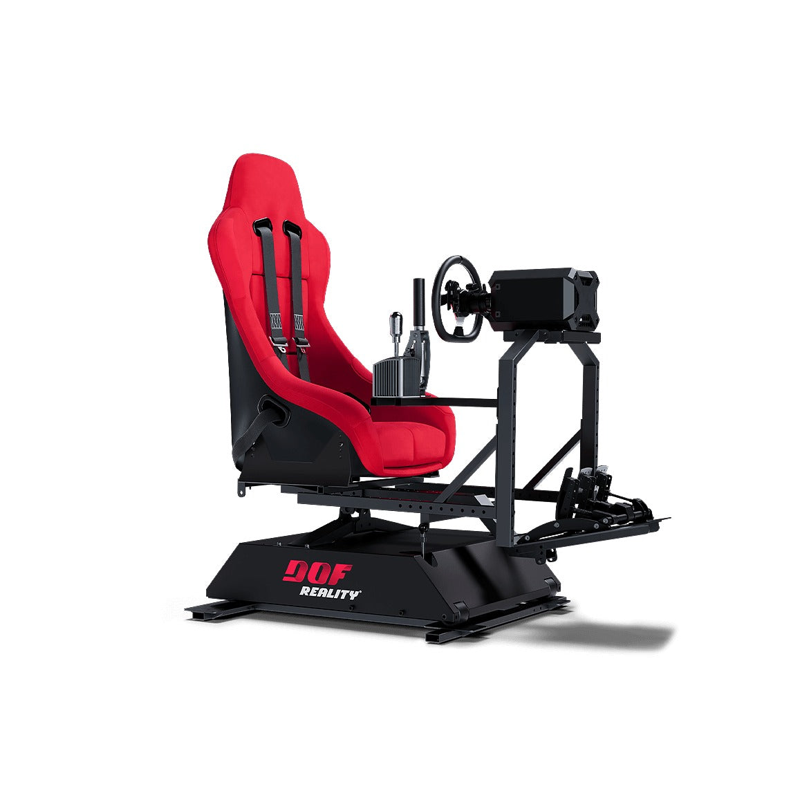 DOF Reality 3-Axis Hero (H3) - front-angled view of racing cockpit on H3 platform with wheel, pedals, and harness