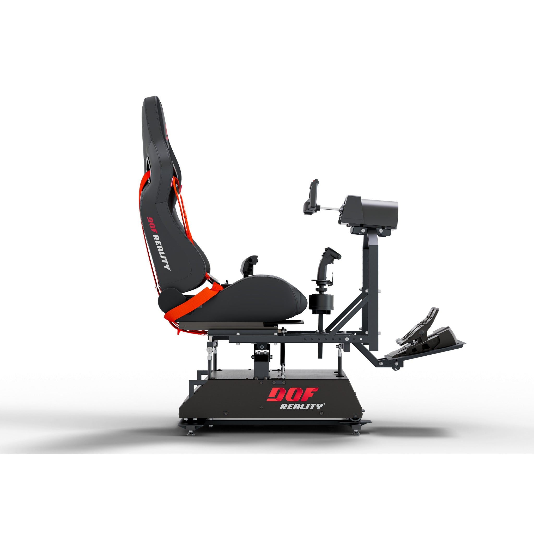 DOF Reality 4-Axis Hero (H4) - side view of flight cockpit simulator on H4 platform with yoke and throttle