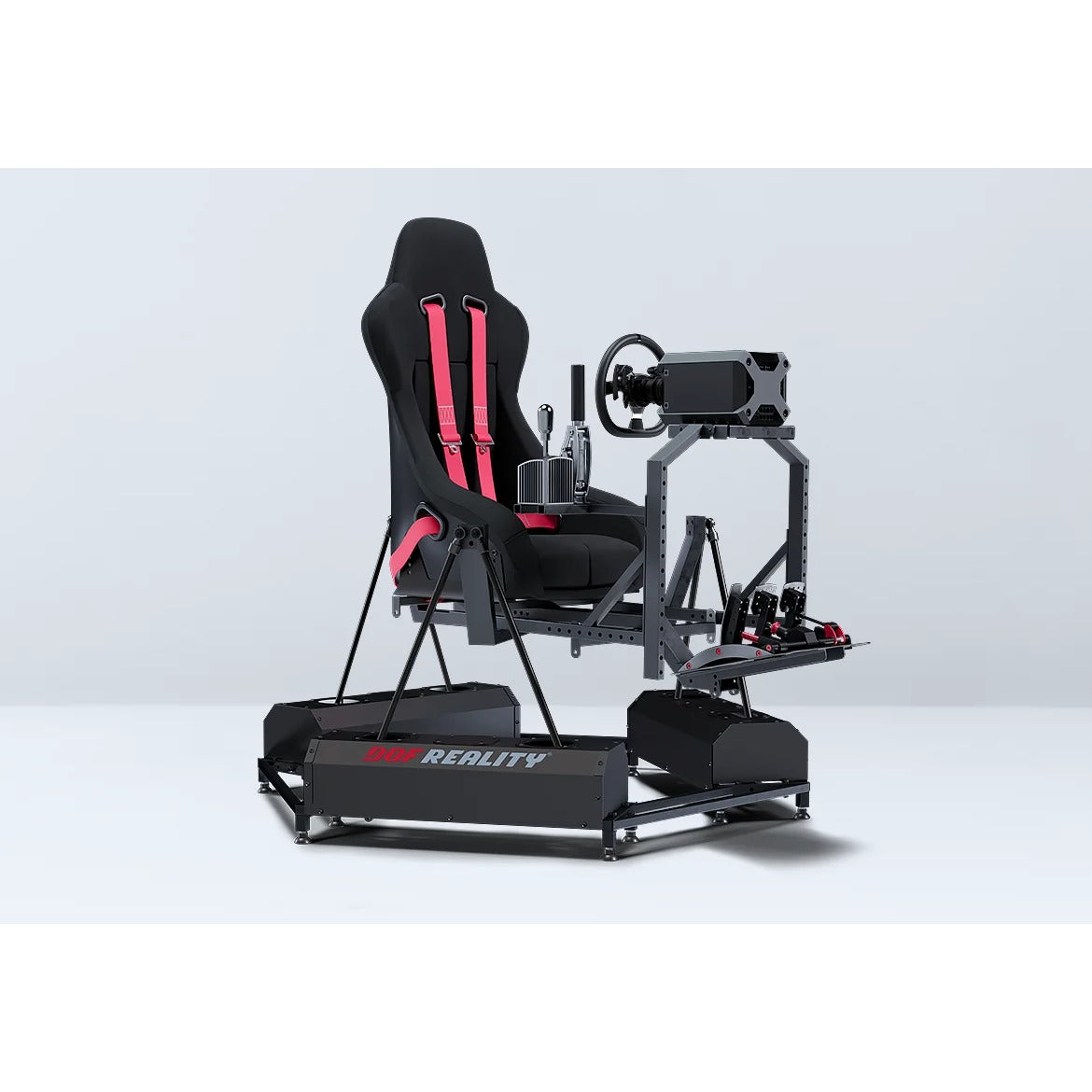 DOF Reality 6-Axis Hero (H6) - front-angled view of racing cockpit on H6 platform with wheel and pedals