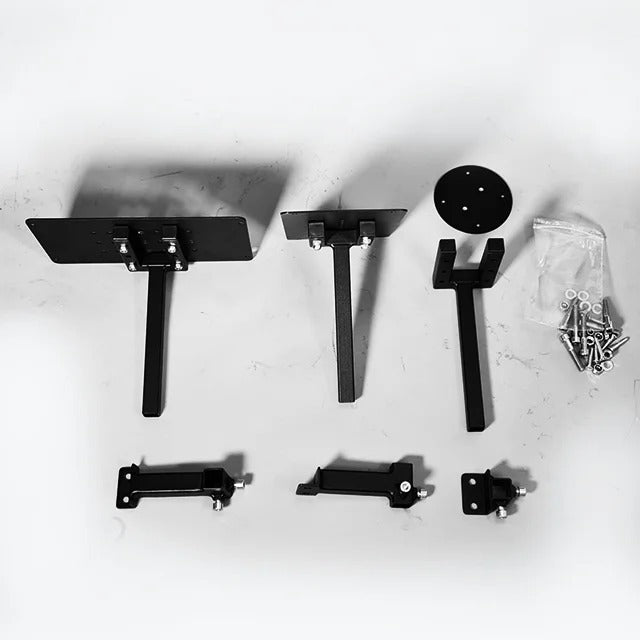 DOF Reality HOTAS Mounts Kit - full flat-lay of all bracket components, mount arms, joystick base plate, and hardware bag