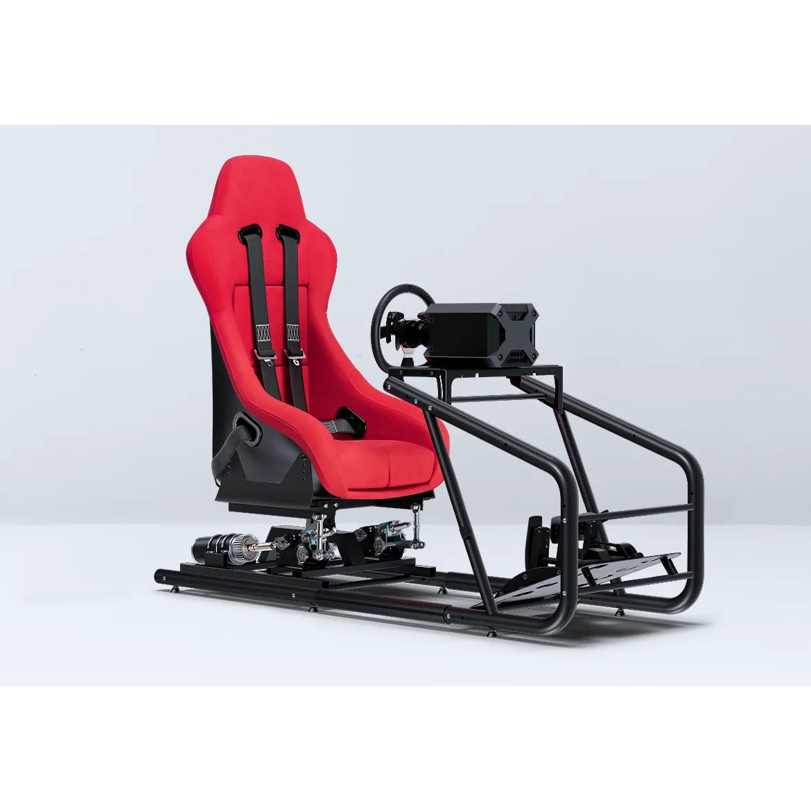 DOF Reality 2-Axis Mover (M2) - three-quarter front view showing red bucket seat, harness, and 2-axis motor assembly