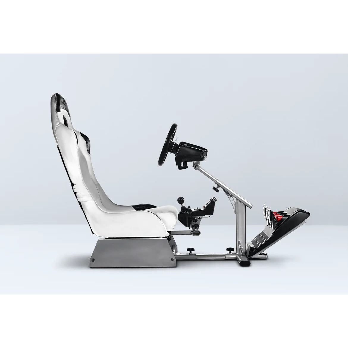 DOF Reality 2-Axis Mover (M2) - side view with white bucket seat mounted on silver sim rig with wheel and pedals