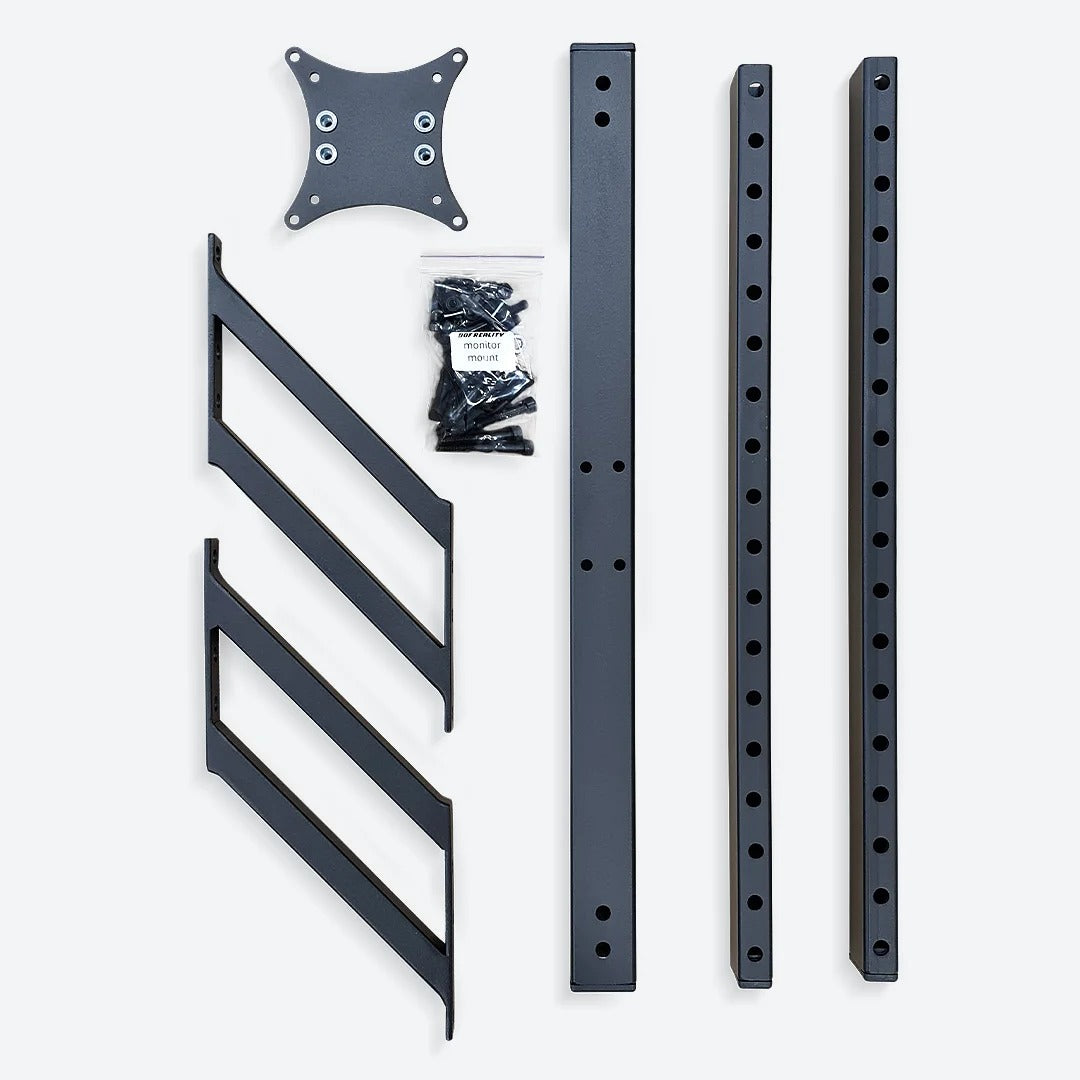 DOF Reality Monitor Mount - full flat-lay of kit components including VESA plate, uprights, side brackets, and hardware bag