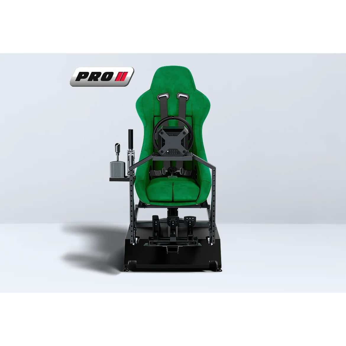 DOF Reality 2-Axis Mover Pro (P2) - front view showing green accent seat and P2 Pro platform with wheel setup