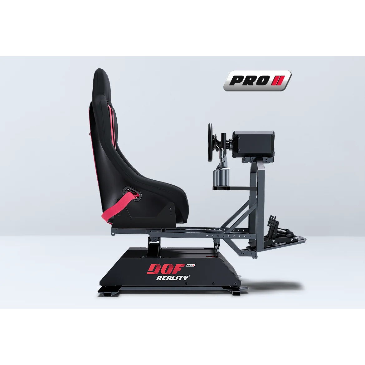 DOF Reality 3-Axis Mover Pro (P3) - side hero view of full racing cockpit with P3 platform and black seat