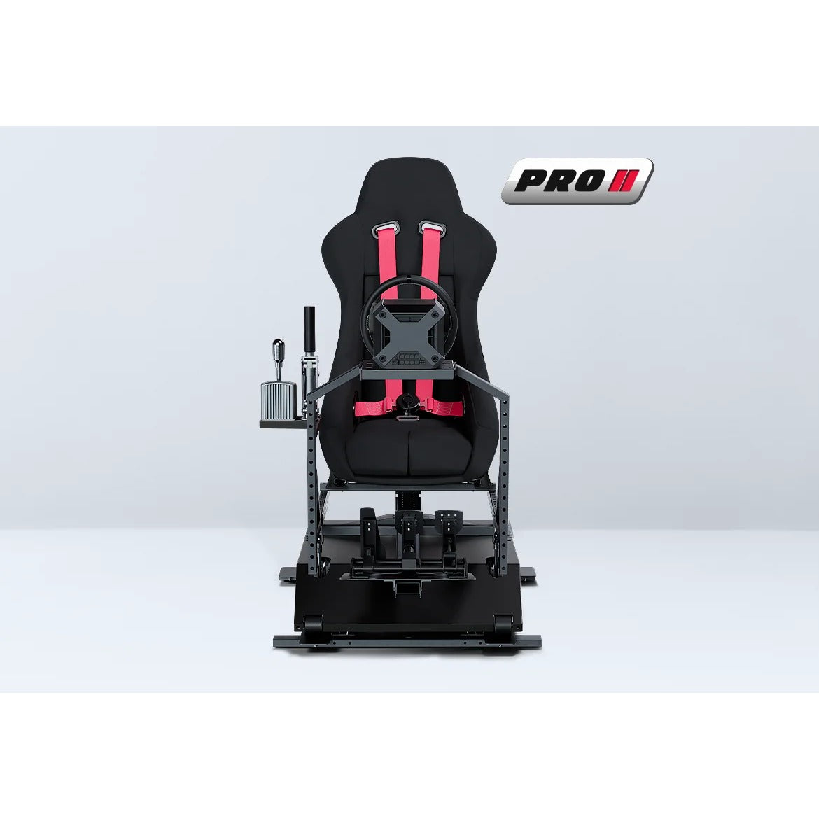 DOF Reality 3-Axis Mover Pro (P3) - front view with black seat on P3 Pro 3-axis platform and steering wheel