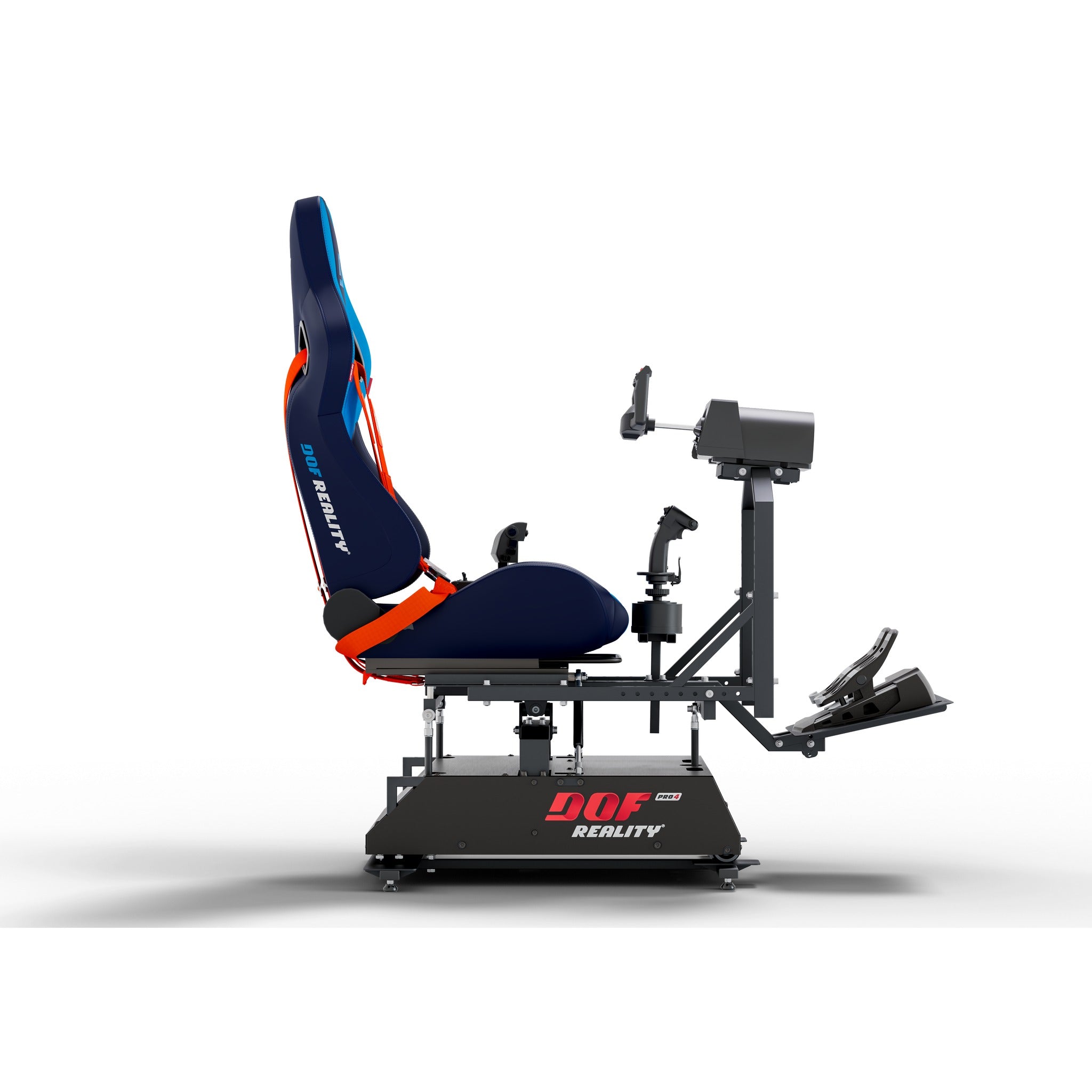 DOF Reality 4-Axis Mover Pro (P4) - side view of flight cockpit setup on P4 platform with yoke and throttle