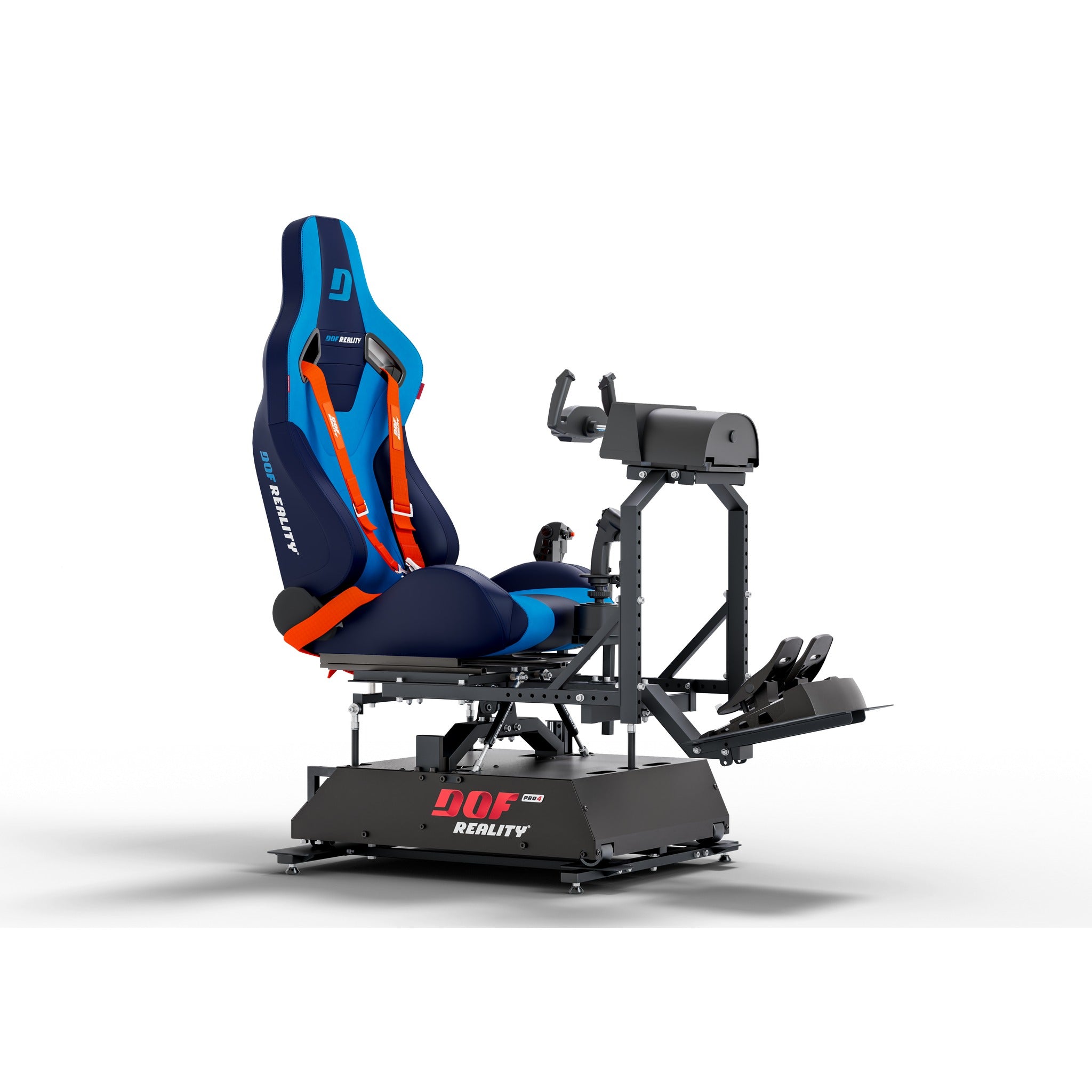 DOF Reality 4-Axis Mover Pro (P4) - three-quarter front view of flight sim cockpit on P4 4-axis Pro platform