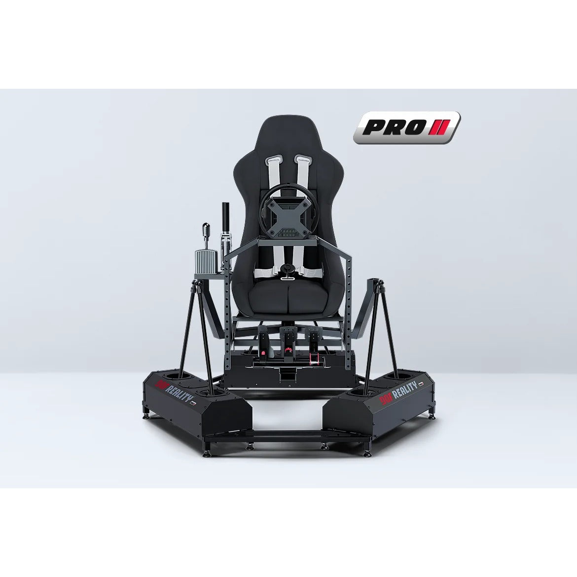 DOF Reality 6-Axis Mover Pro (P6) - front view of P6 racing cockpit showing seat, wheel, and hexapod base