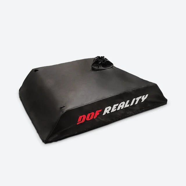 DOF Reality Soft Protection Cover - black vinyl dust cover fully fitted over platform base, angled front view with drawstring vent