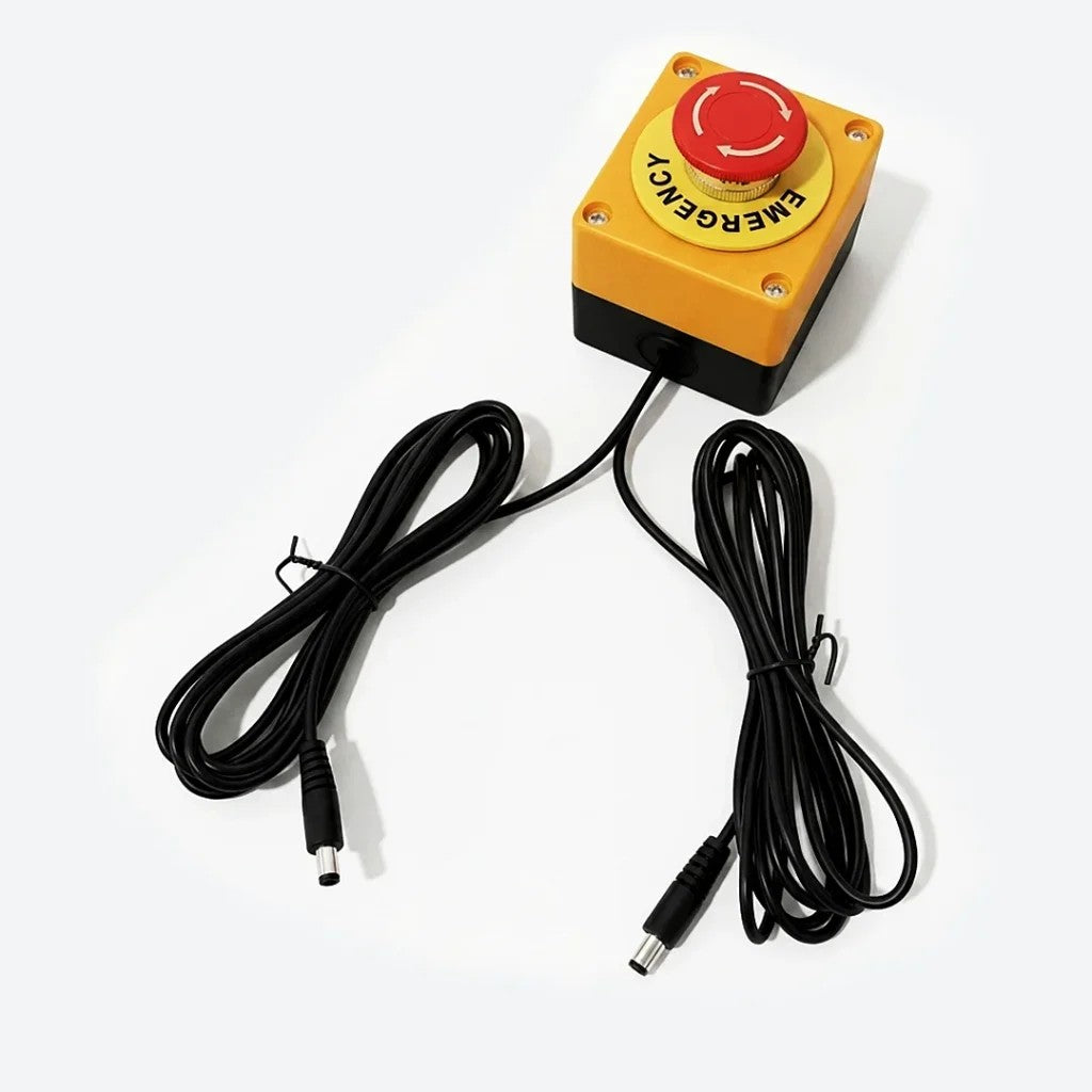 DOF Reality eBreak Stop Button 6 DOF - yellow and black emergency stop module with red mushroom button and two connecting cables.