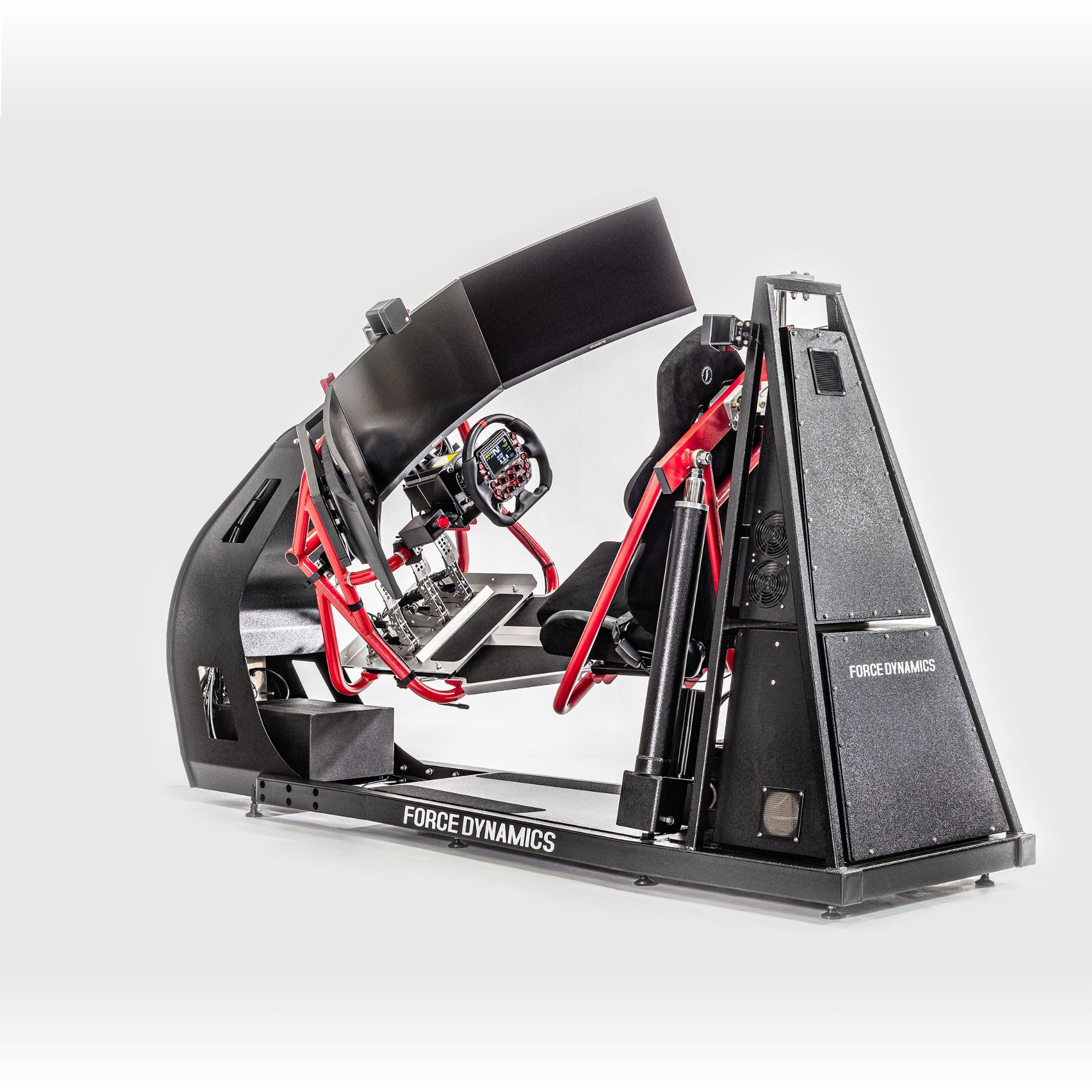 Force Dynamics 202 RTR - rear angle with cockpit in a rolled position exposing the motion platform frame and servo actuators