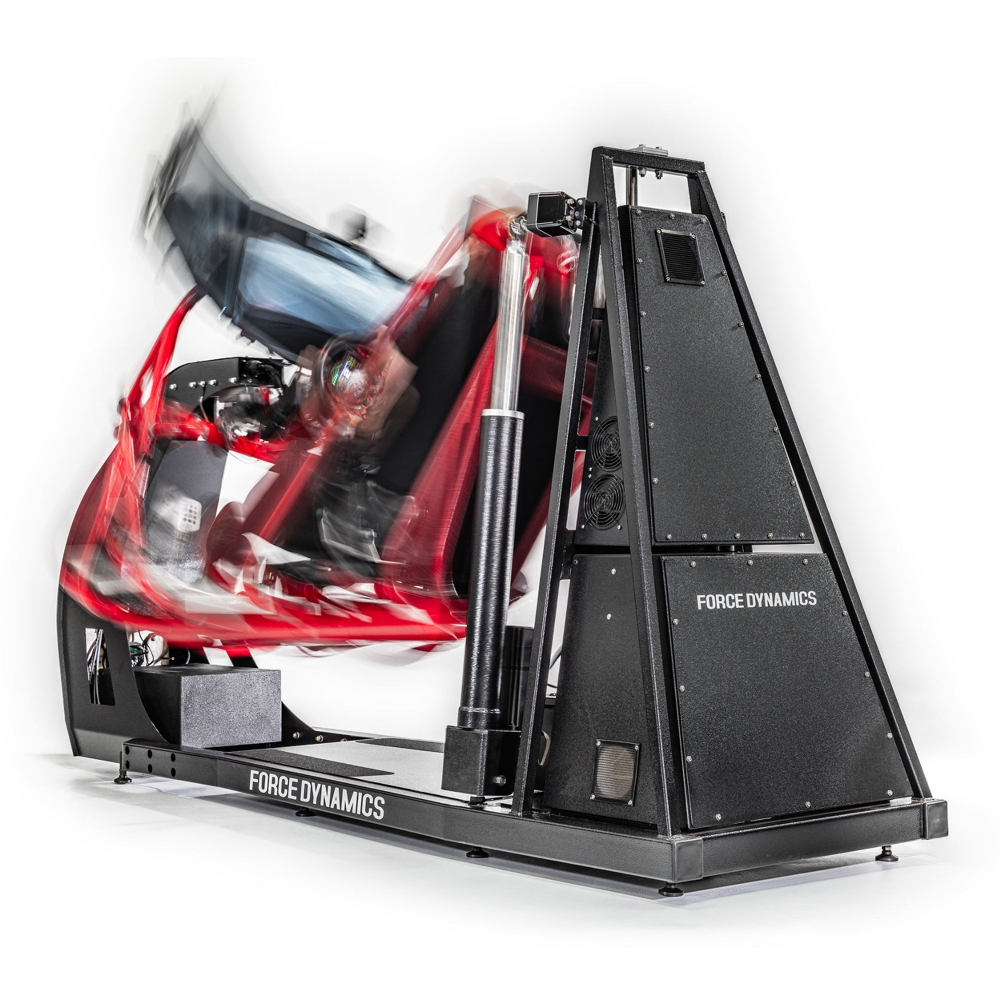 Force Dynamics 202 RTR - rear angle showing the full platform in motion with cockpit tilted on its roll axis