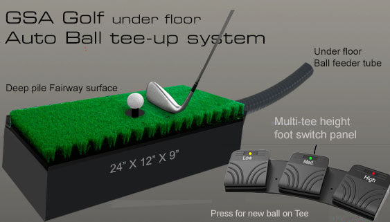 GSA Golf Auto Ball Tee-Up System - low-profile fairway mat with under-floor feeder tube, actuator and foot-switch height controls.