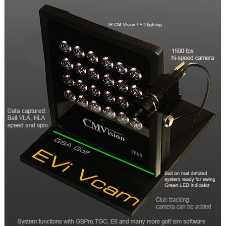 Golf ball analysis system with EVi VCam ground based launch monitor on dark background.