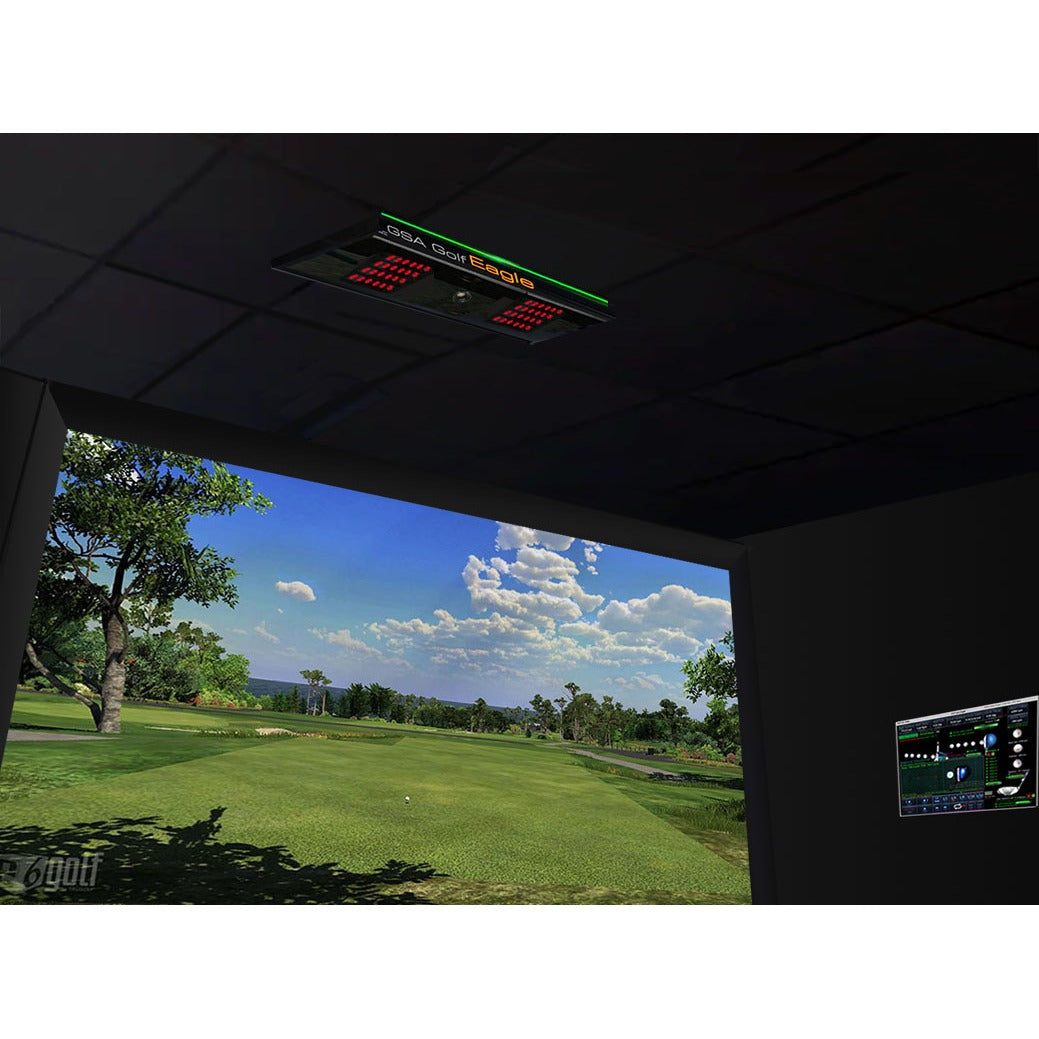 GSA Golf Eagle - unit installed on ceiling above simulator hitting area in a home setup