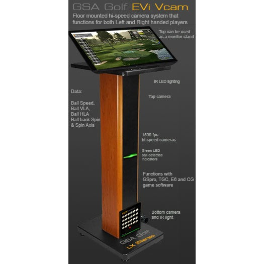 GSA Golf VisTrak EVi - Vcam floor-mounted camera showing IR LED array and green light bar ball detected indicator