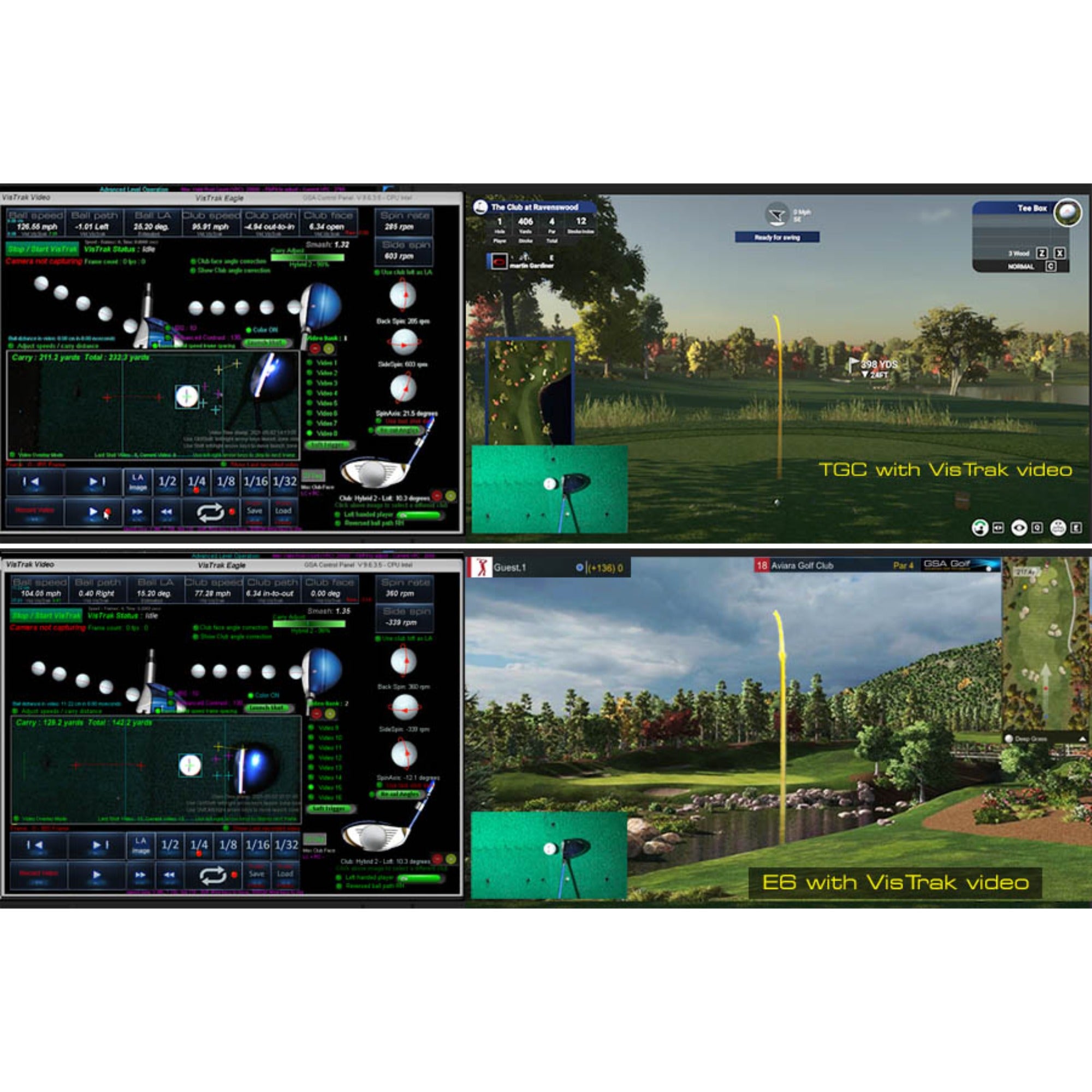 Golf simulation software interface with graphics of a golf course and detailed shot analysis.