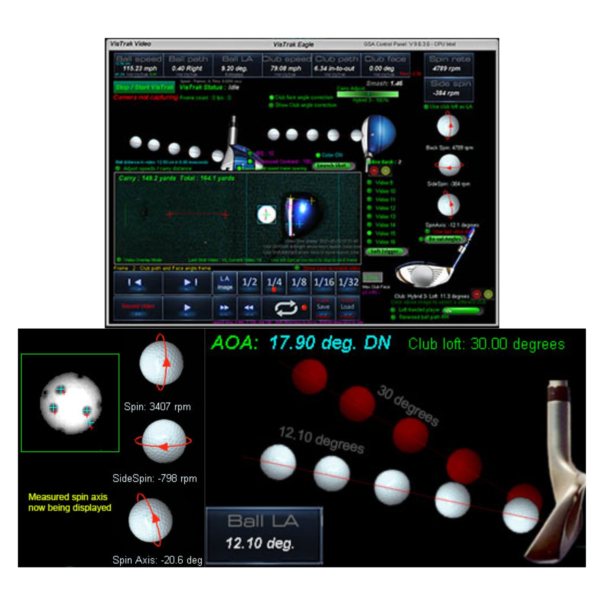 Technical software interface for analyzing golf ball spin and trajectory on a white background