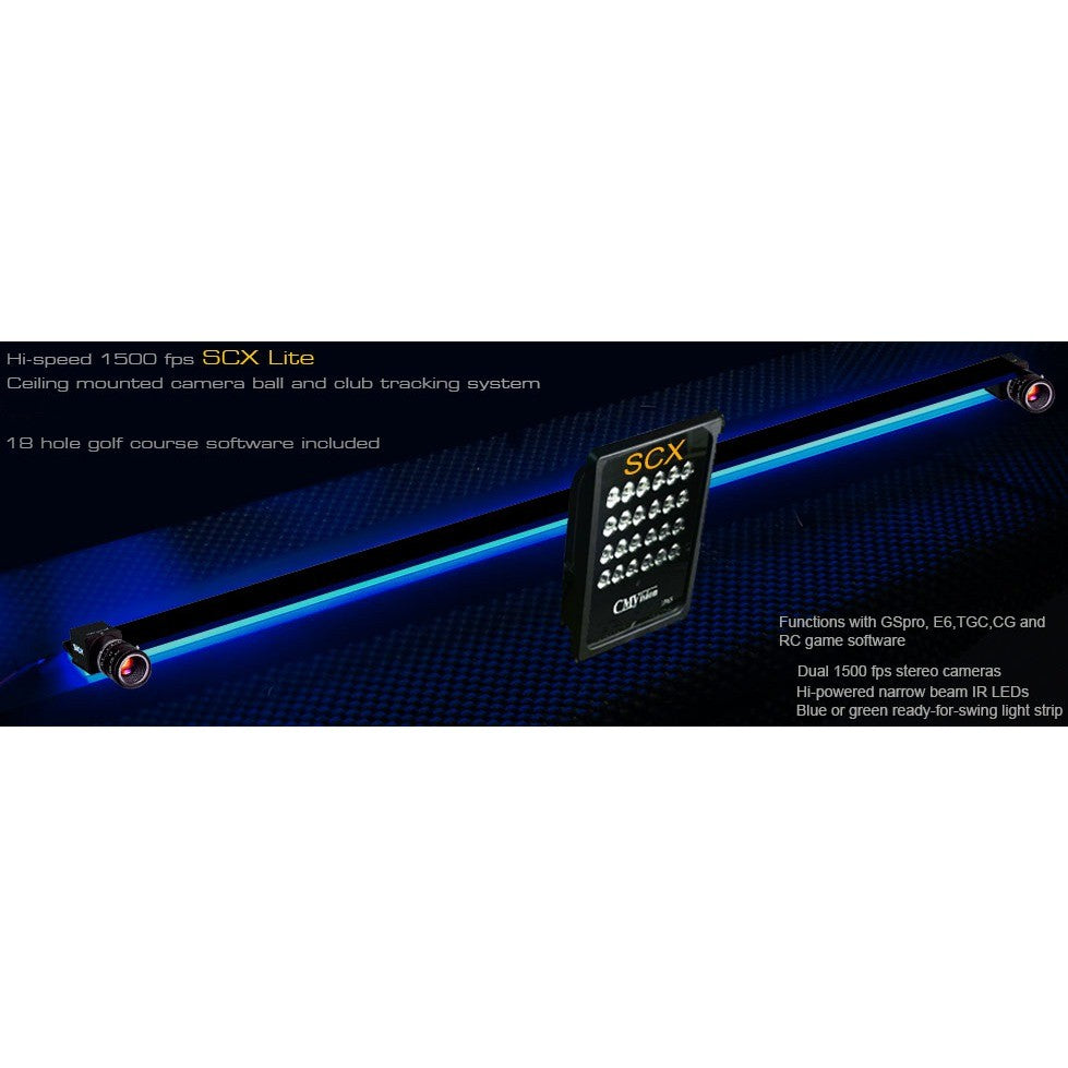 GSA Golf VisTrak SCX Lite - overhead light bar system with dual end-mounted cameras and blue ready-for-swing LED strip