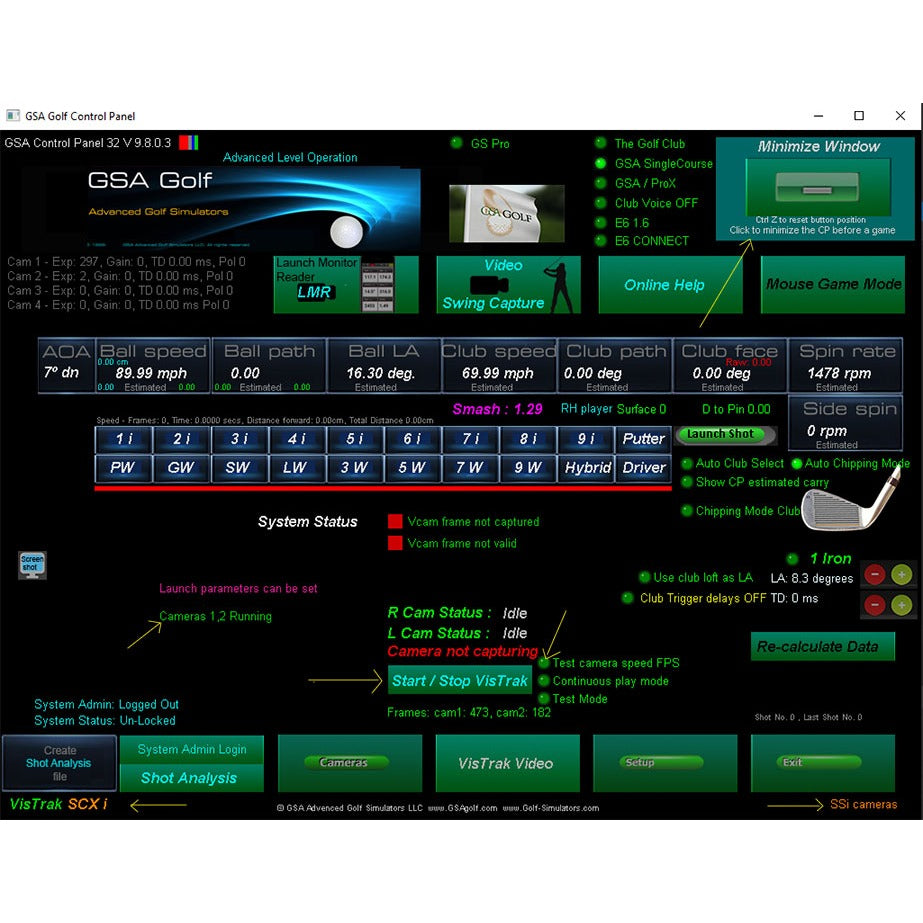 GSA Golf VisTrak SCX Pro - GSA Golf control panel software showing shot data readout