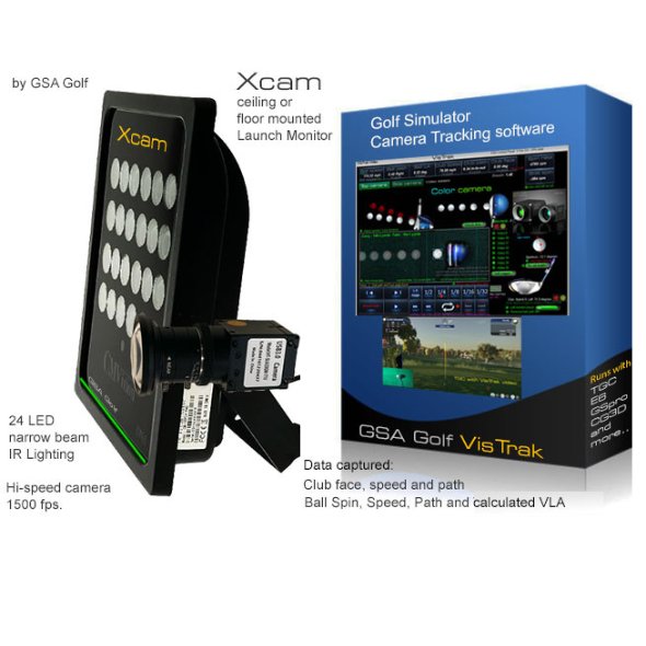 GSA Golf Xcam golf simulator camera and software packaging on a white background
