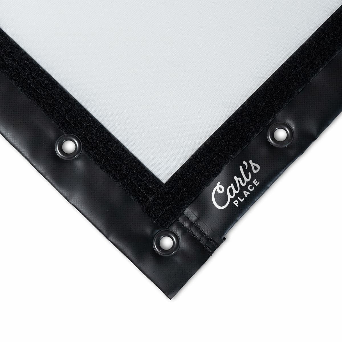 Carl's Place Premium Impact Screen - corner detail with Carl's Place branding, hook-and-loop strip and grommets