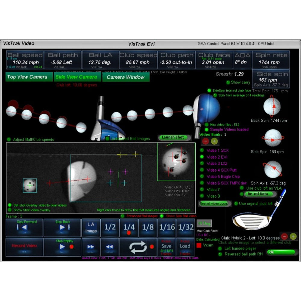 Golf analytics software interface with various data metrics and graphics on a black background.