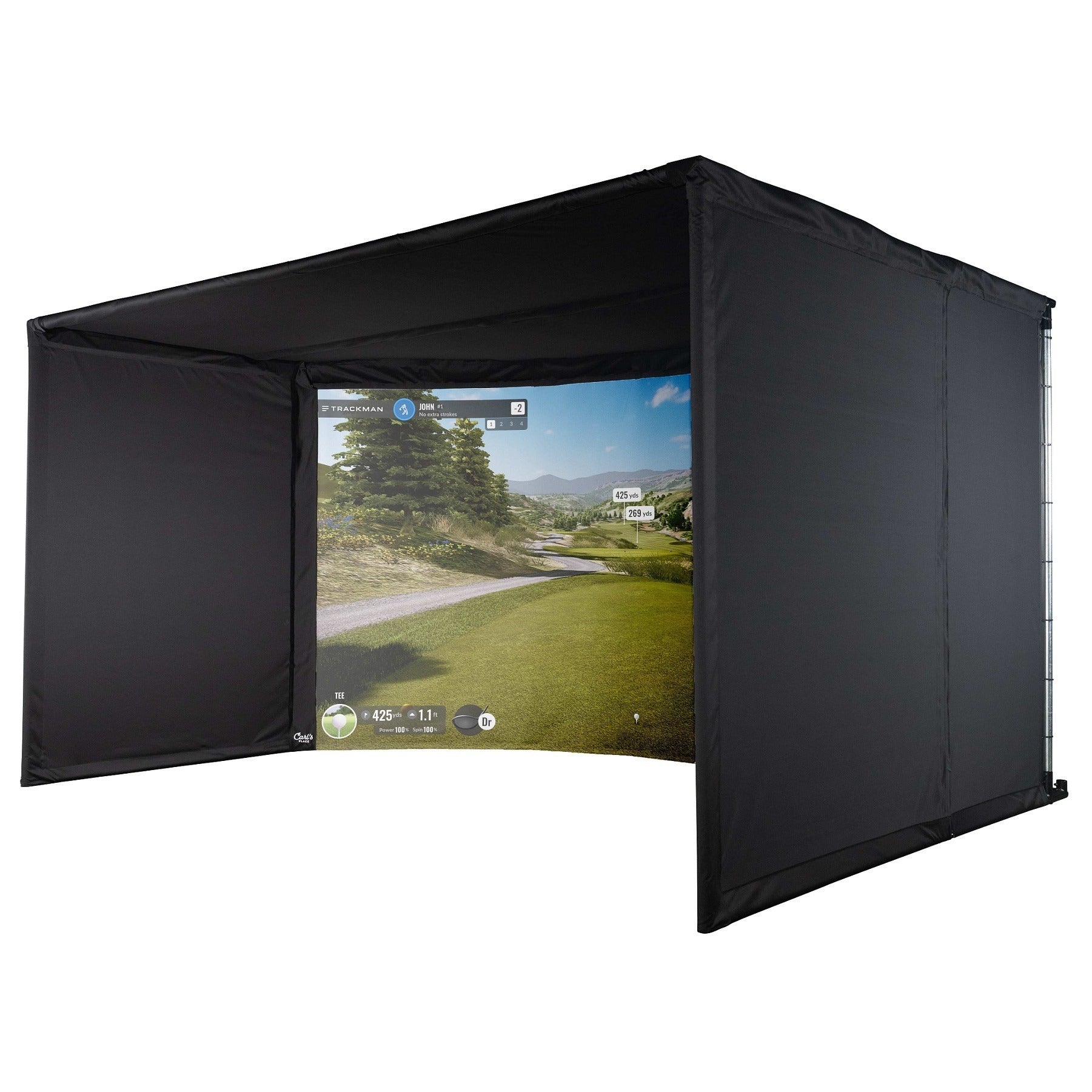 Carl's Place Curved Golf Enclosure Kit with High-Contrast Gray Impact Screen - angled view of the enclosure with a course on screen