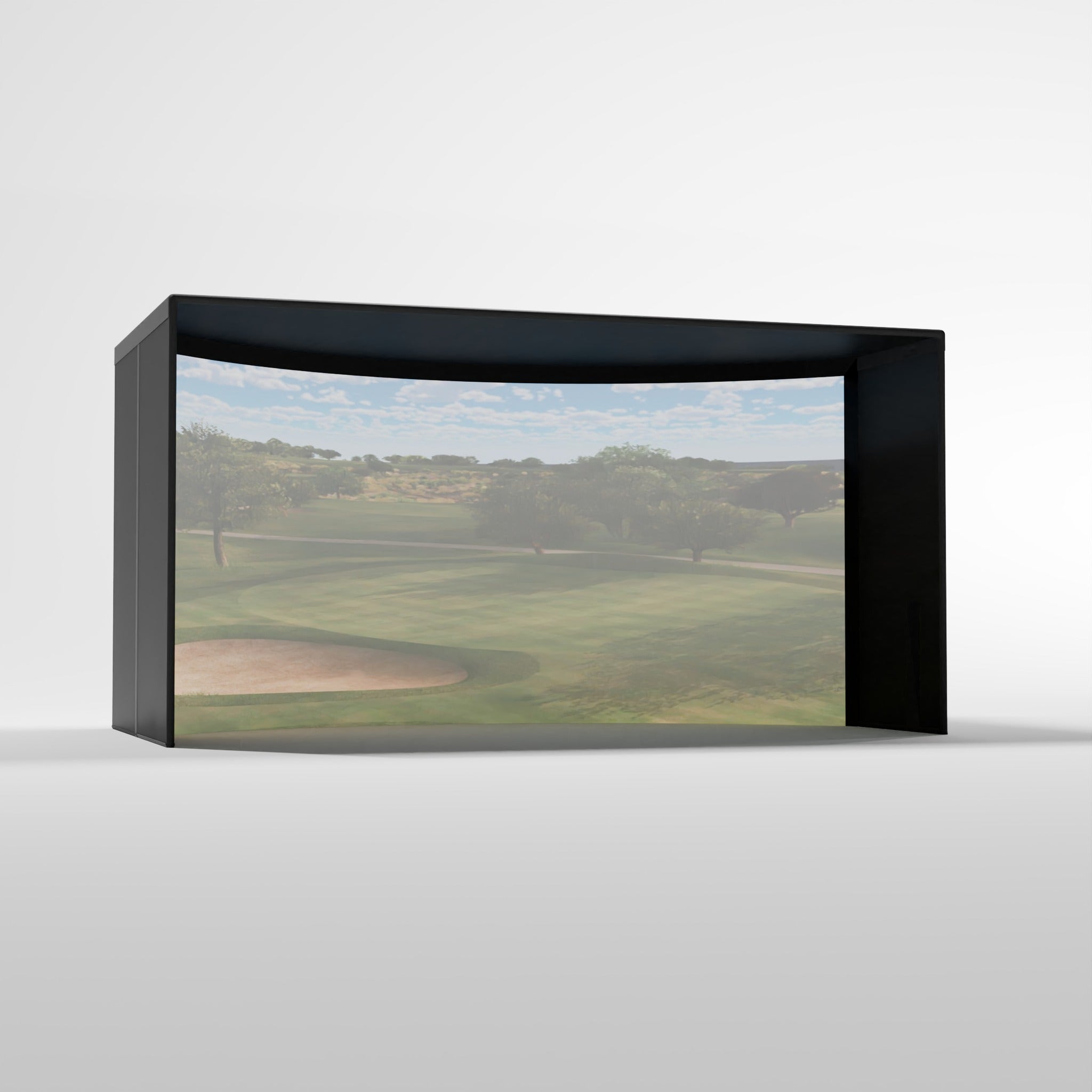 Carl's Place Curved Golf Enclosure Kit with High-Contrast Gray Impact Screen - angled rendering of the enclosure with a course view