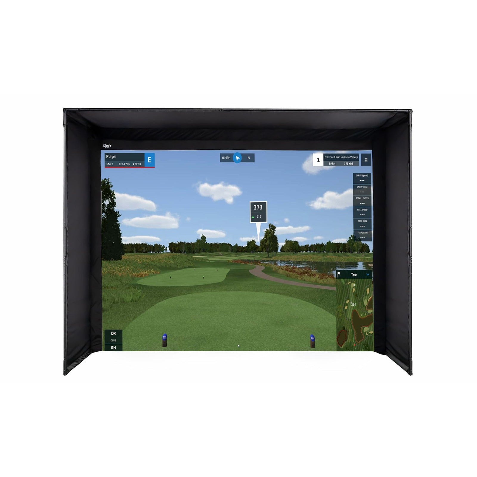 Carl's Place DIY Golf Simulator Enclosure Kit - front view of the enclosure with a golf course on the screen