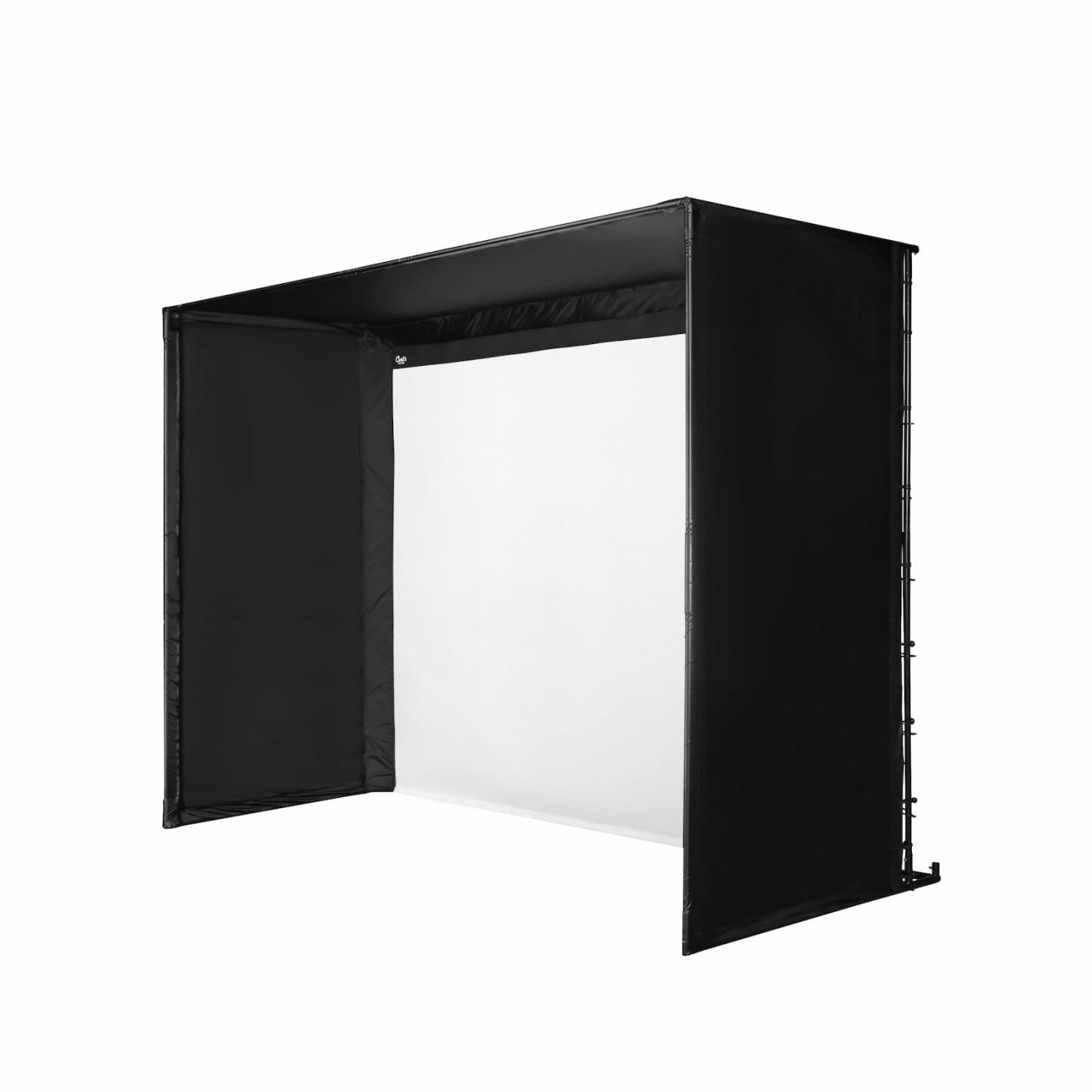 Carl's Place DIY Golf Simulator Enclosure Kit - angled view of the steel frame and the tensioned impact screen