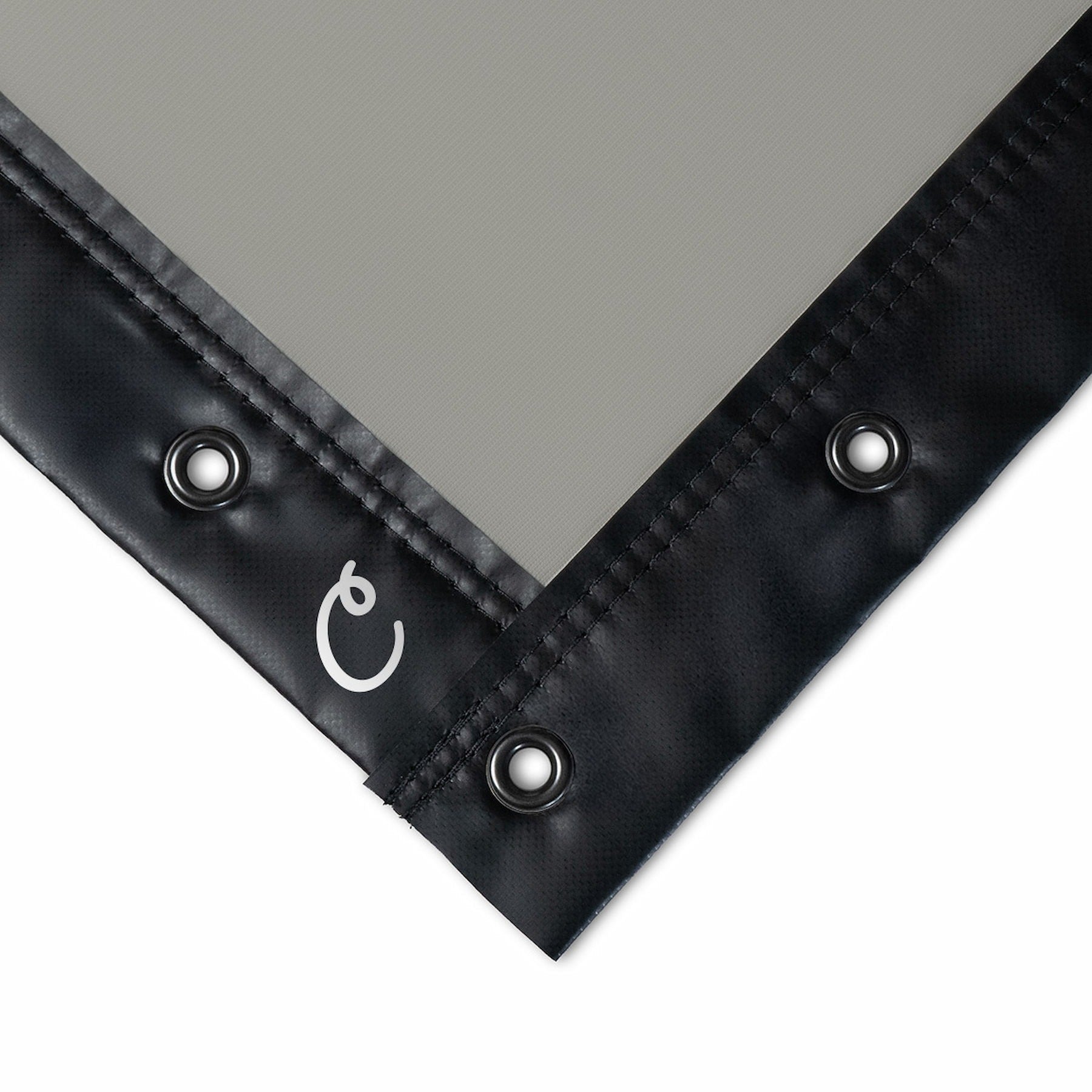Carl's Place High-Contrast Gray Impact Screen - corner close-up of the gray screen with black hemmed edge and grommets