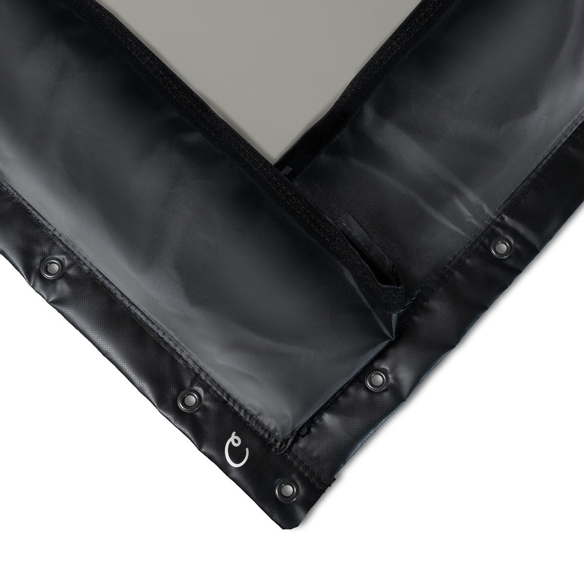 Carl's Place High-Contrast Gray Impact Screen - corner folded back showing the black border of classic with flaps with hook-and-loop strip