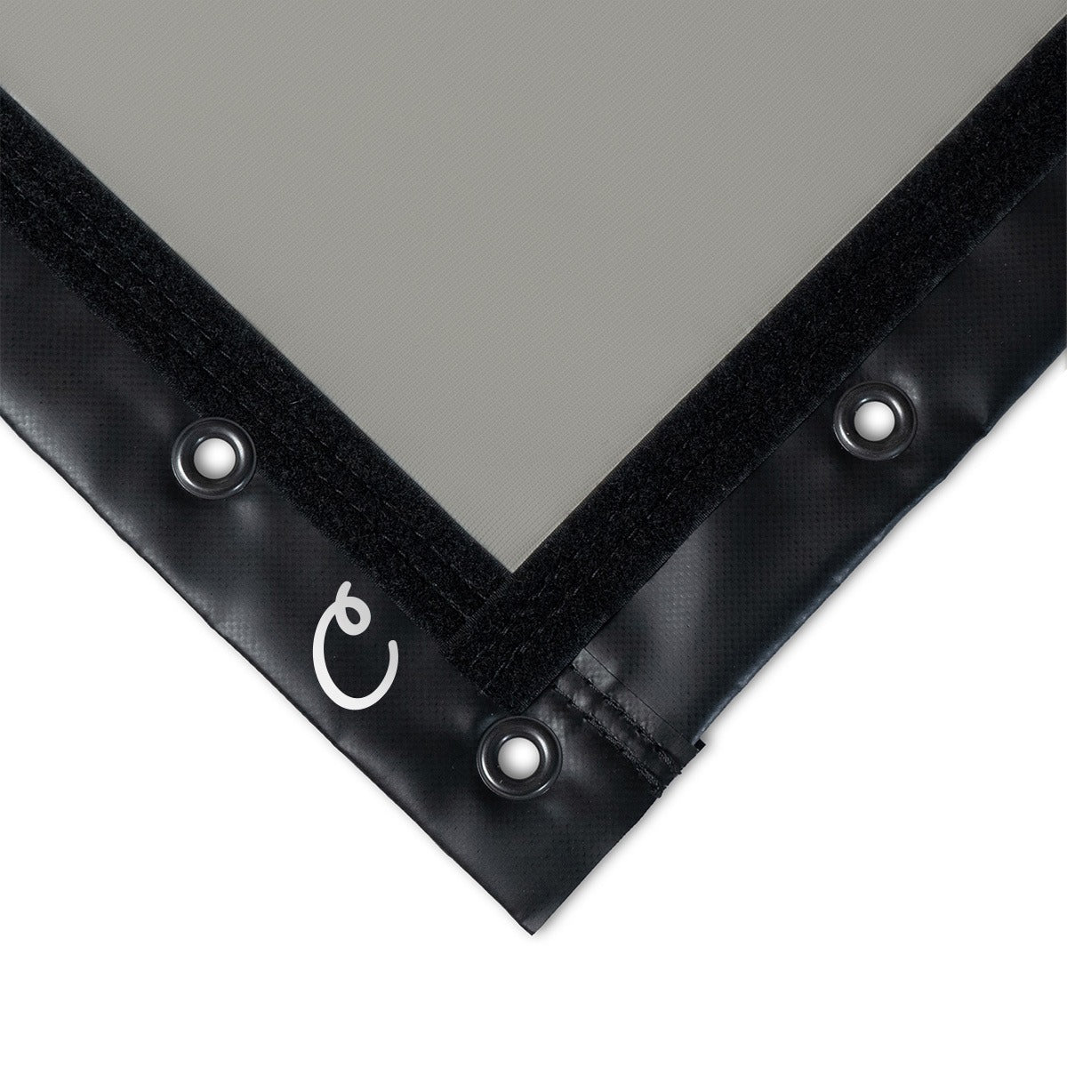 Carl's Place High-Contrast Gray Impact Screen - close-up of the gray screen corner with grommets and hook-and-loop edging